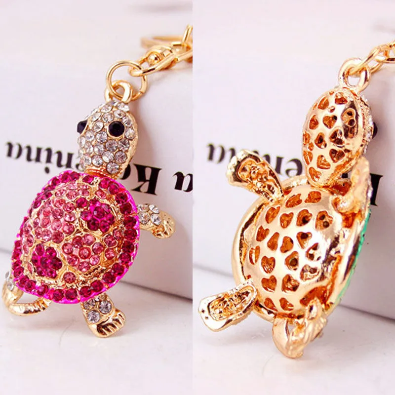 Longevity Turtle Key Chain, Rhinestone Crystal Pendant Ring Jewelry