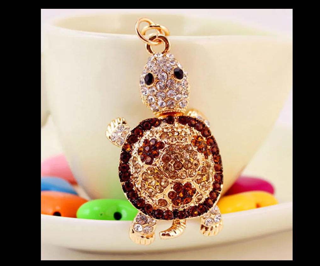 Longevity Turtle Key Chain, Rhinestone Crystal Pendant Ring Jewelry