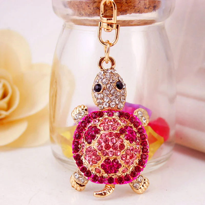 Longevity Turtle Key Chain, Rhinestone Crystal Pendant Ring Jewelry