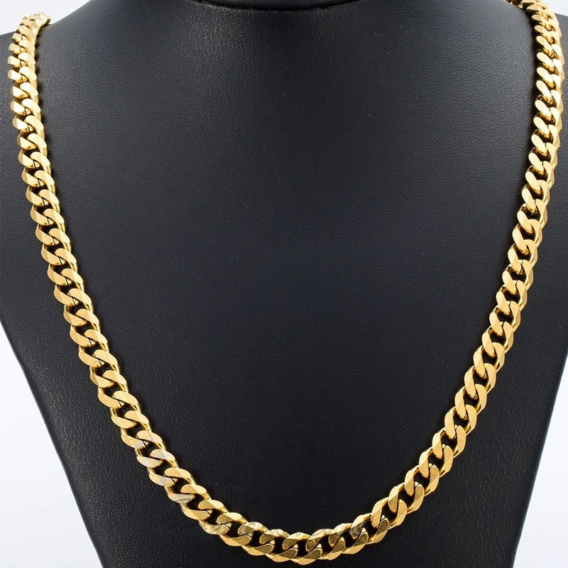 Male 18K Gold Plated Necklace, Men Casual Curb Solid Cuban Link Chain