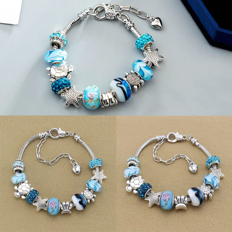 Women Blue Bracelet, Heart Crystal Anklet, Turtle Starfish Shell Foot Chain