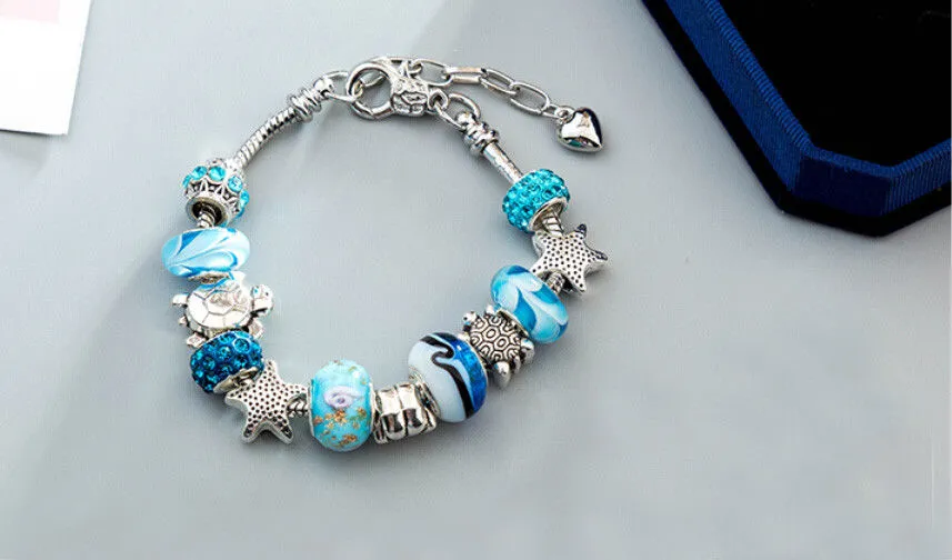 Women Blue Bracelet, Heart Crystal Anklet, Turtle Starfish Shell Foot Chain