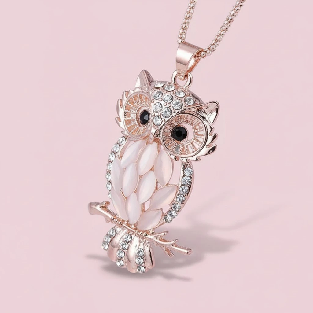 Women Necklace, Cute Owl Pendant with Crystal Clavicle Necklace Jewelry