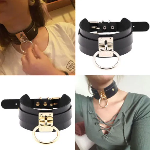 Women Fashion Leather Collar Cool Rock Punk Metal Pendant Choker Necklace