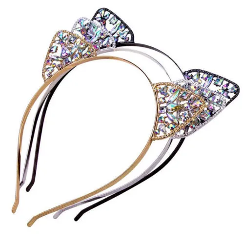 Kids Girls Cat Ear Headband Metal Rhinestone Silver Hairband Hair Accessories