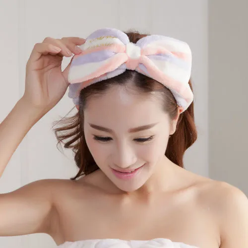 Women Soft Coral Fleece Headband Big Bow Elastic Makeup Face Washing Hairband