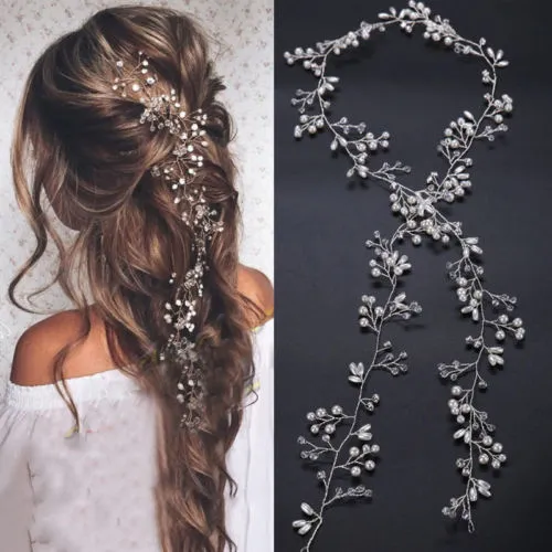 Hair Bridal Pearl Headband, Wedding Party Long Chain Headpiece