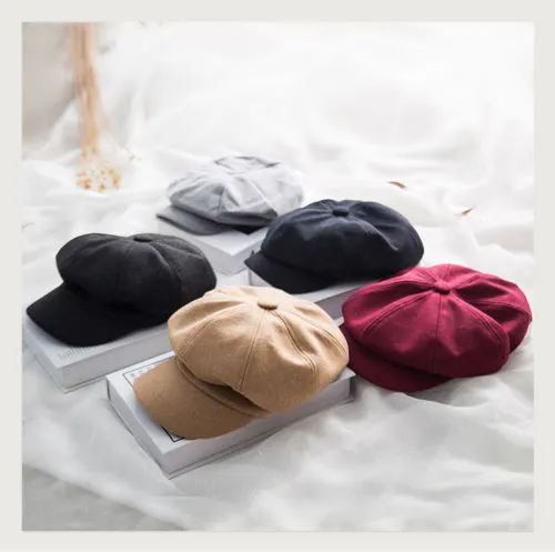 Women Solid Beret Hat French Artist Warm Beanie Hat Autumn Winter Ski Cap