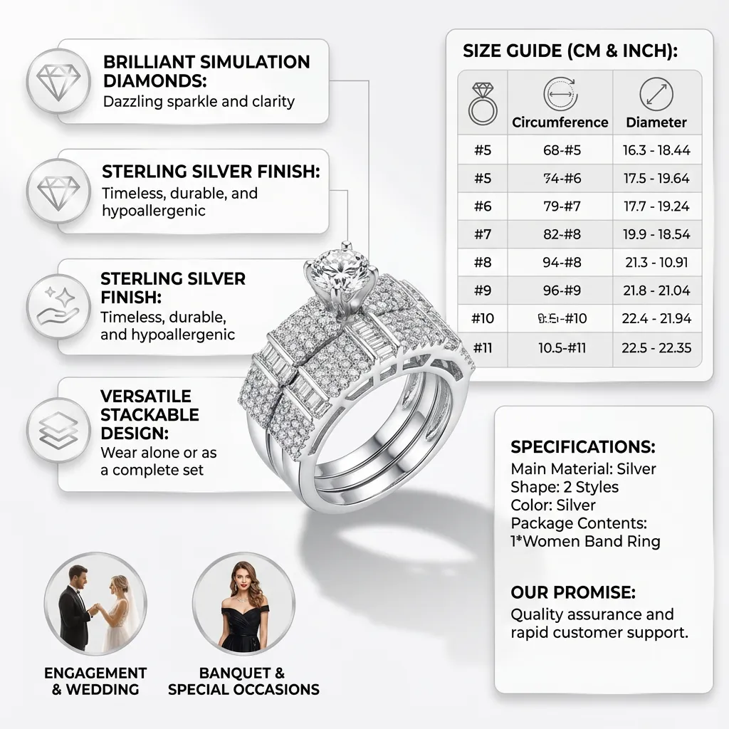 Women Silver Wedding Band Ring, Simulation Crystal Diamond Rings