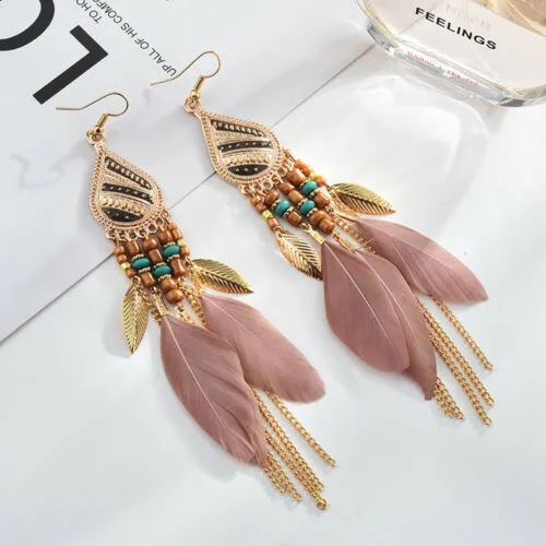 Ladies Earrings Fringed Feathers Embellished Ethnic Style Delicate Earrings