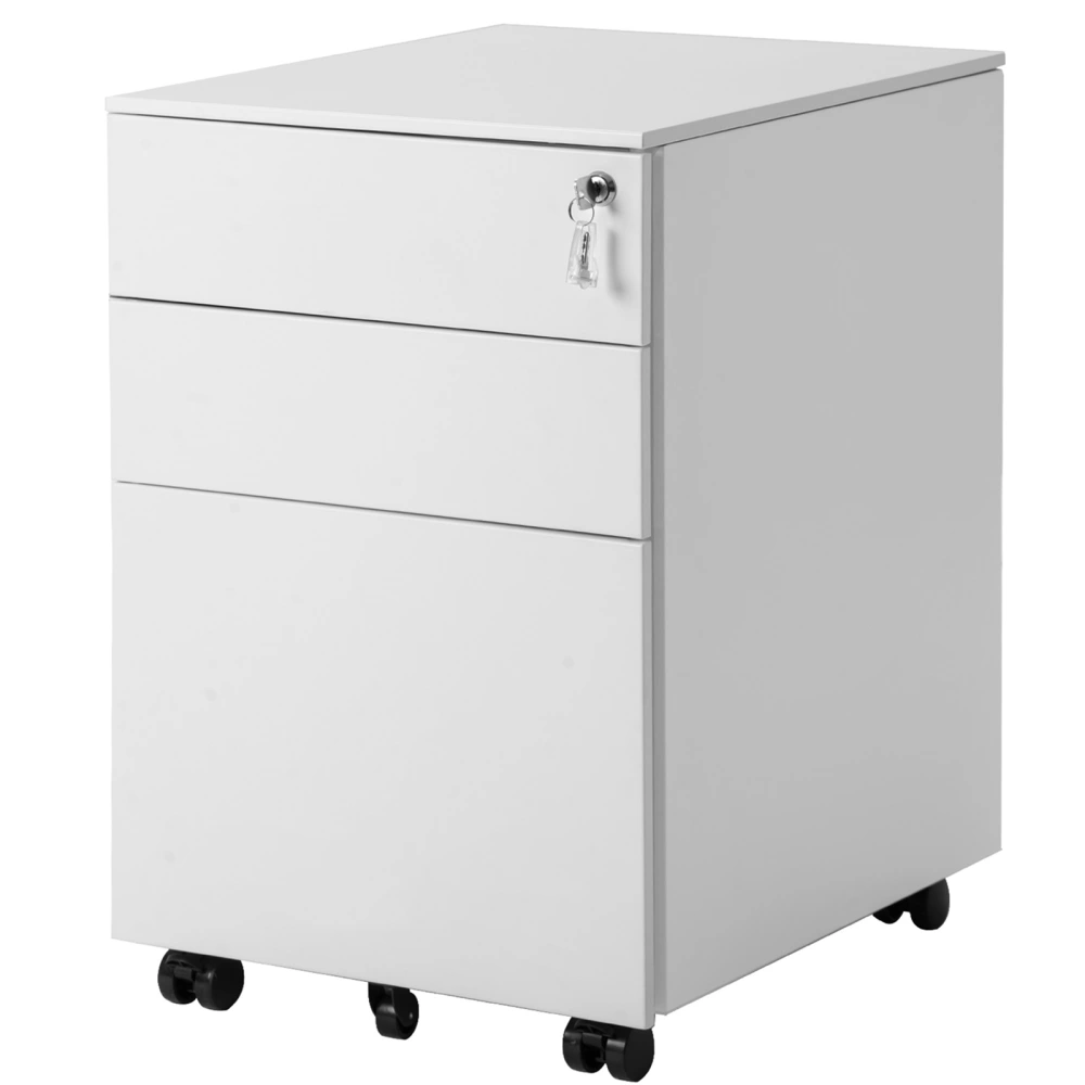 White Lateral Lockable File Cabinet with 5 Casters and 3 Drawers