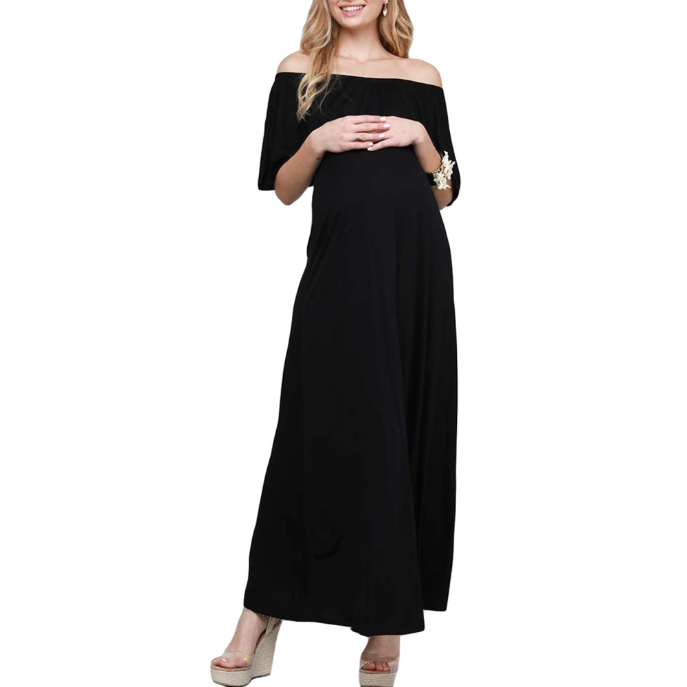 Pregnant Women Long Dress, Solid Ruffle Off Shoulder Pregnancy Dress