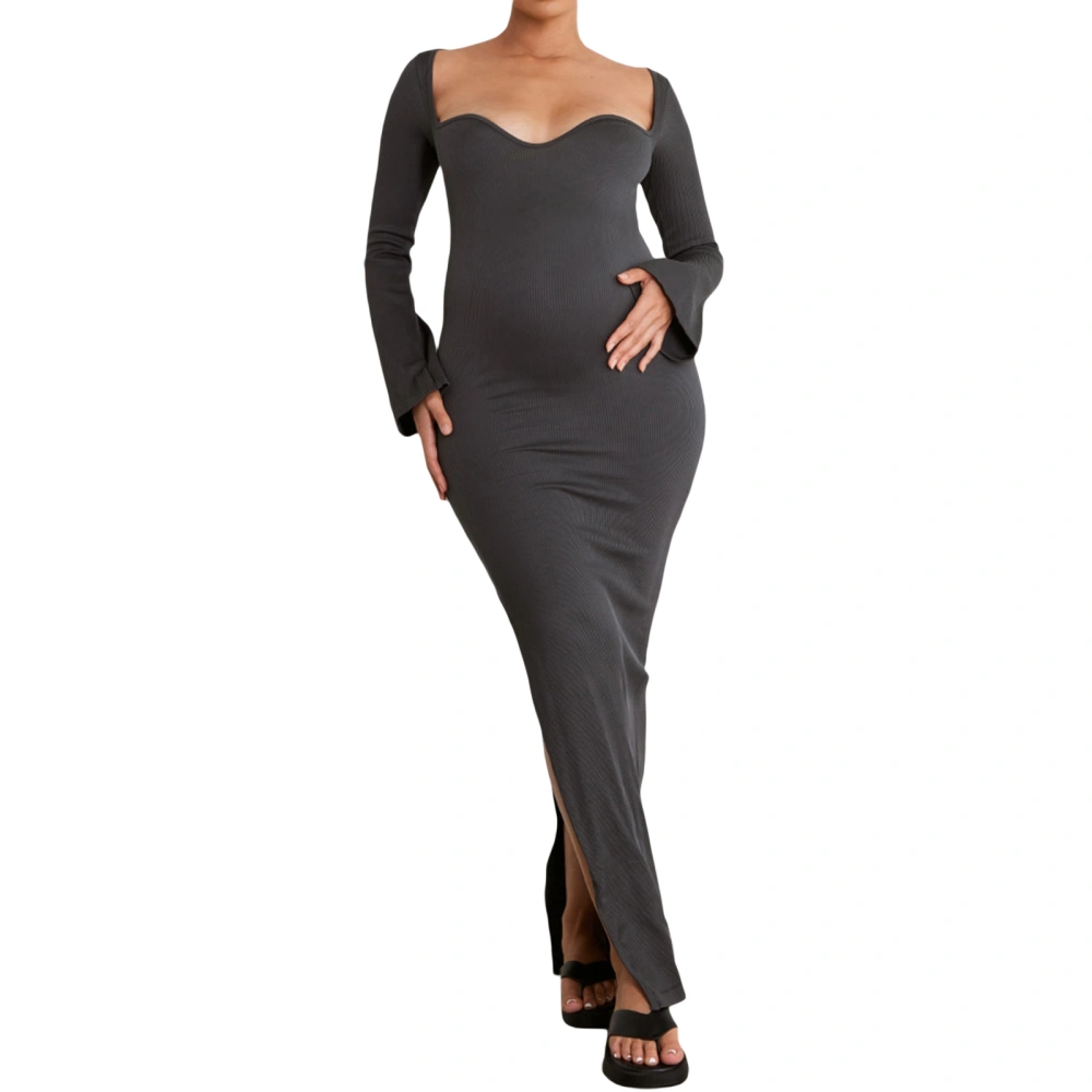 Pregnant Woman Dress Solid Color Long Sleeve Bodycon Maternity Dress