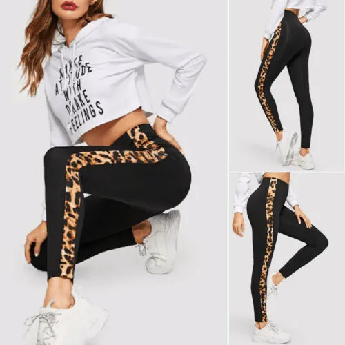 Women Yoga Long Pants, Side Leopard Wide Elastic Band High Waist Workout Pants