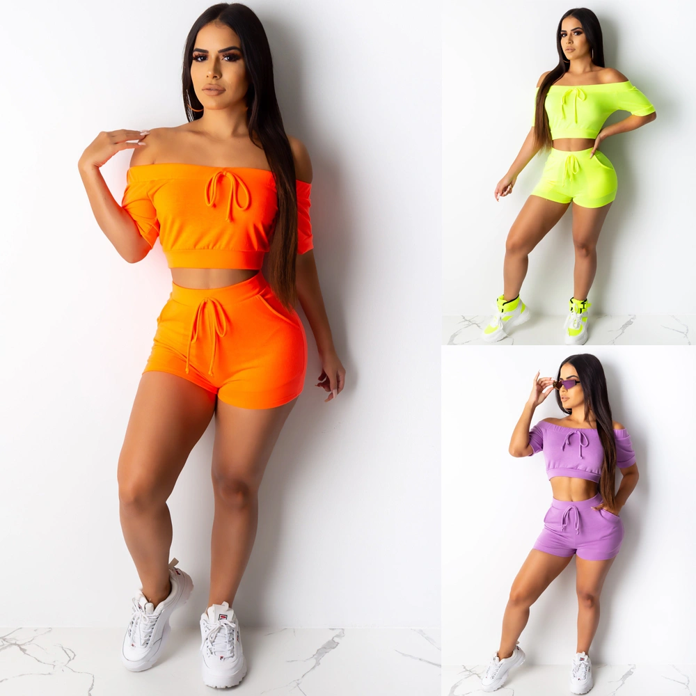 Women 2PCS Pants Set, Off Shoulder Crop Tops, High Waist Short Pants