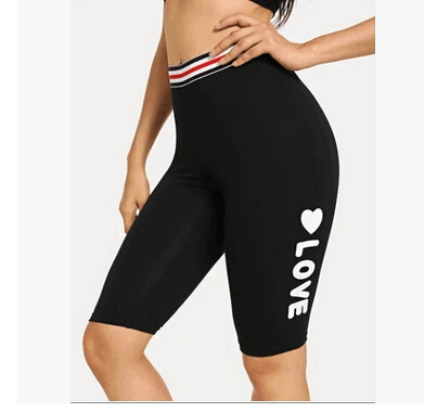 Women Yoga Short Pants, Patchwork/Letter Printed Elastic Band High Waist Pants