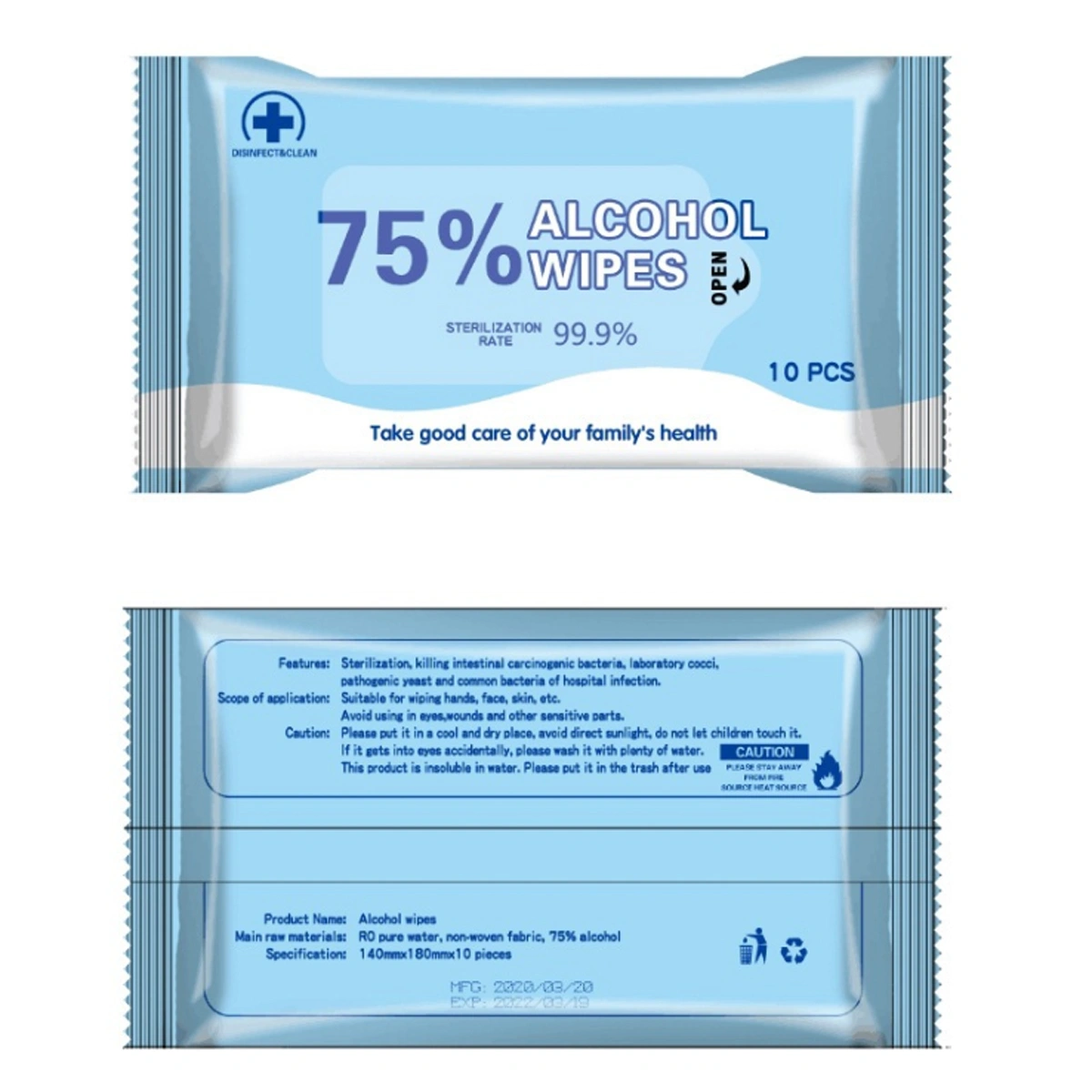 10Pcs 75% Disposable Alcohol Cleaning Wipes Antibacterial Disinfectant Supplies