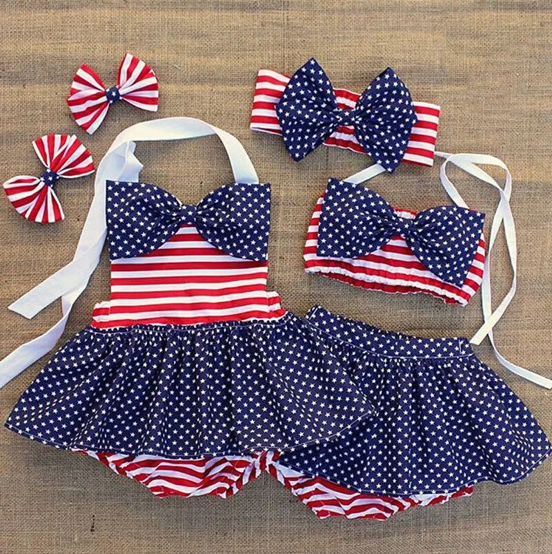 Baby Girl Bathing Suit, Halter Stripe & Stars Ruffle Swimwear+Headband