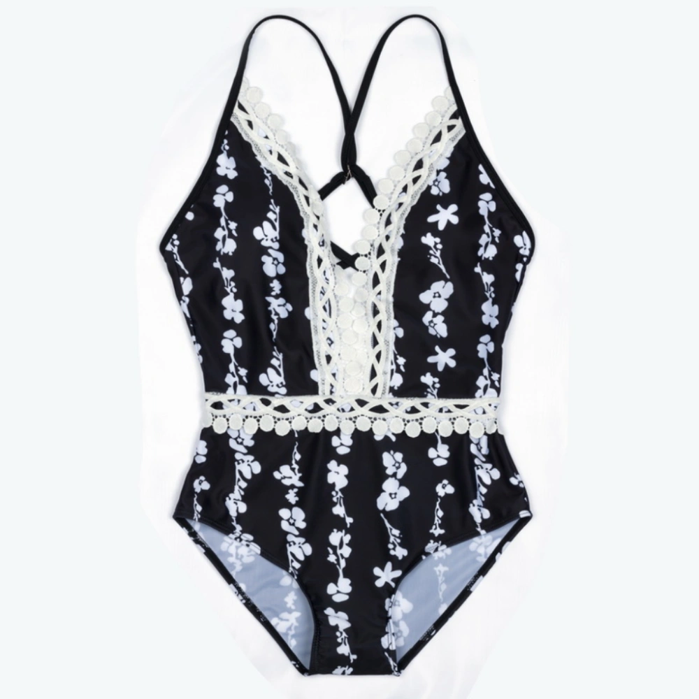 One-piece Lace Swimsuit Halter Bathing Suit Deep V Neck Swimwear