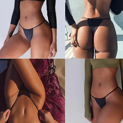 Women Bikini Bottom, Solid Color Strap Triangle G-String Swimwear