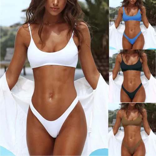 Women Split Bikini Set Low Waist Swimwear Solid Color Beachwear