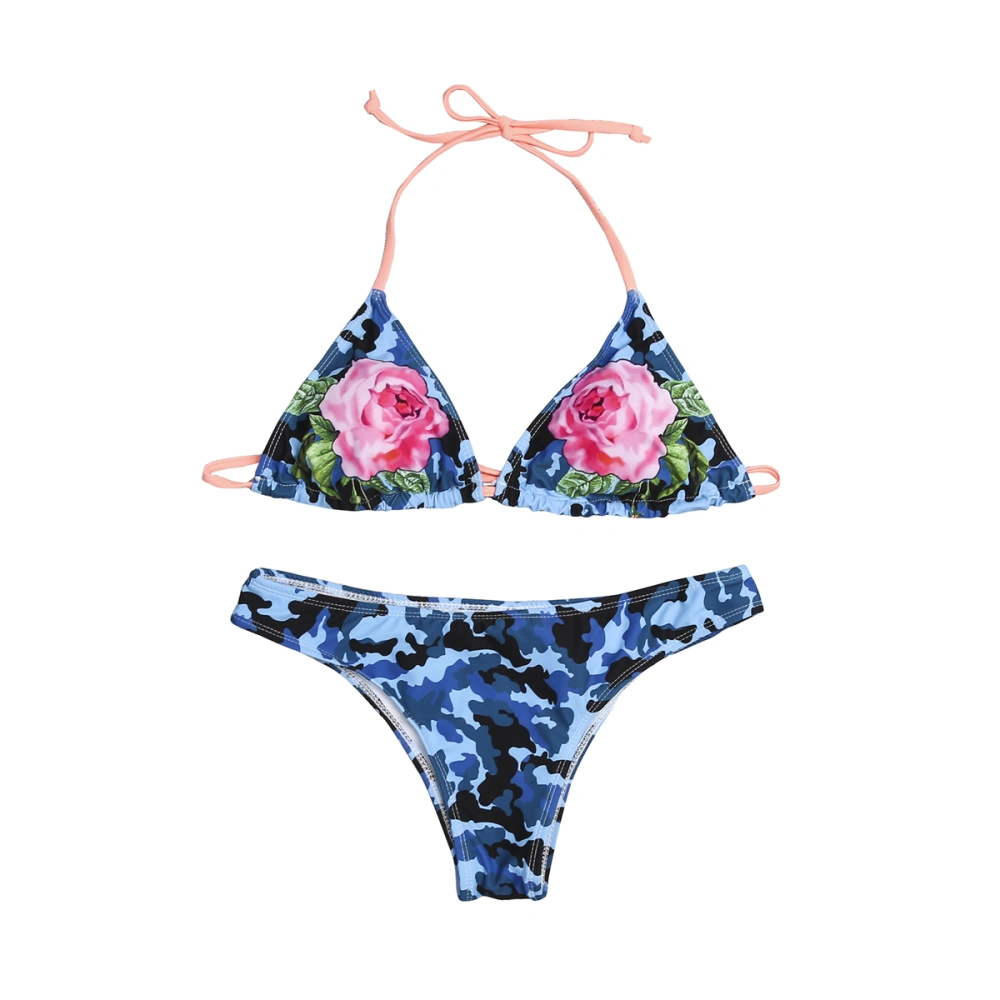 Women's Flower Printing Bikini, Sleeveless Lace-up Tops Briefs