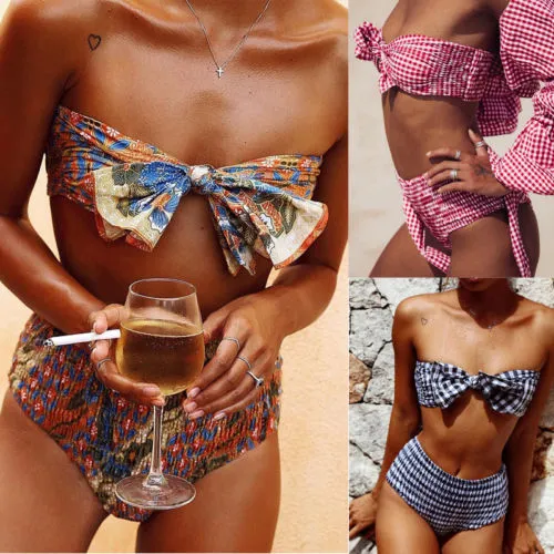 Bow Split Swimsuit Plaid Printing Swimwear Strapless Bikinis