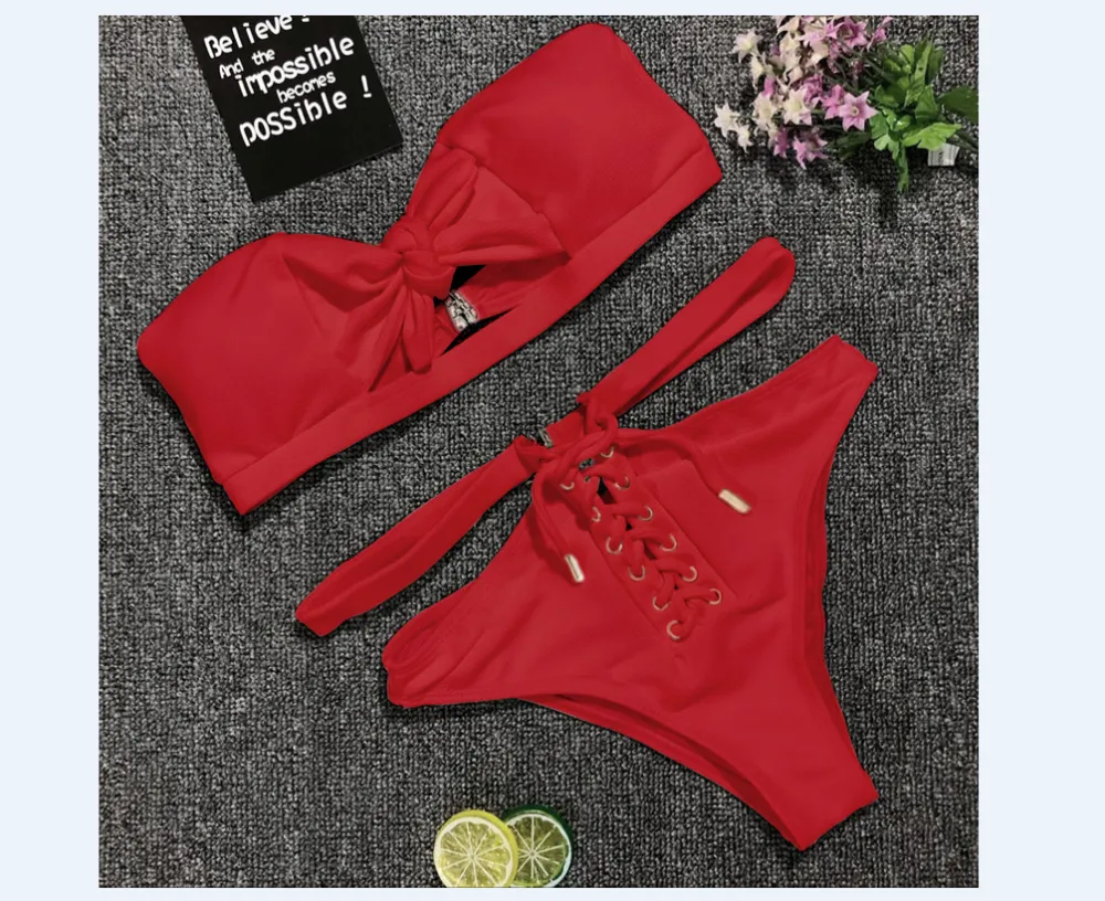 Women Sexy Hollow Bikini Set Bandage Push-Up Solid Floral Summer Swimwear