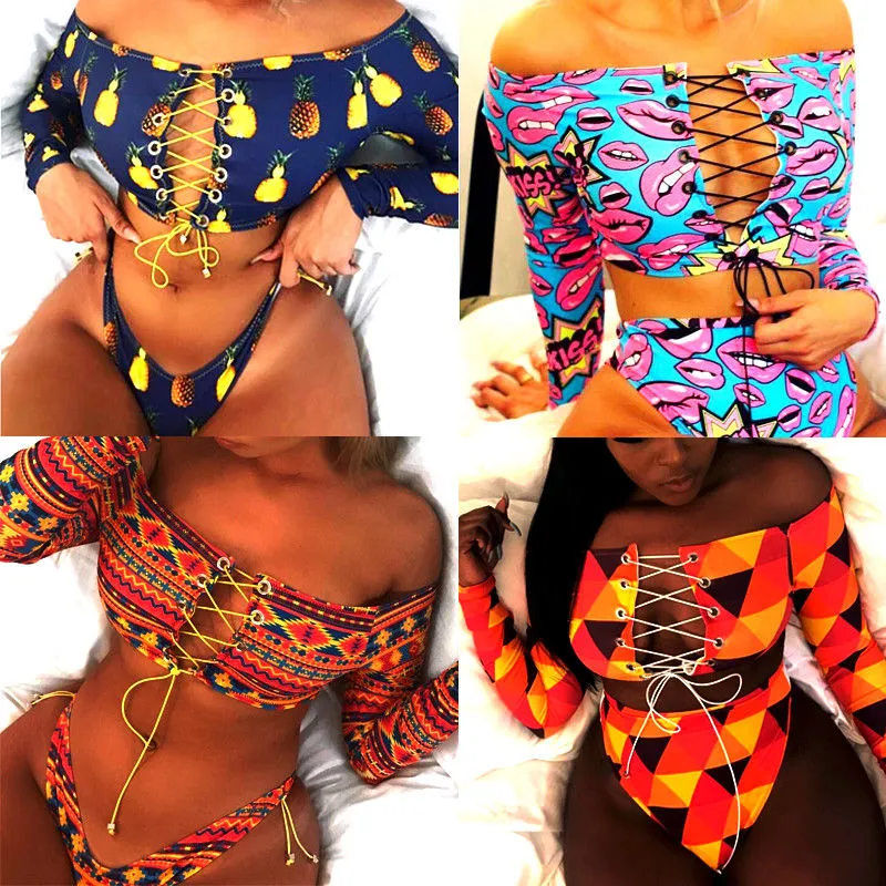 Women Bikini Off Shoulder Long Sleeve Bandage Bra Briefs Swimwear