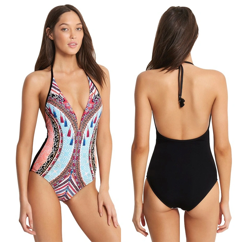 Women's Pattern Printing Swimsuit, Sleeveless Halter Sling Bodysuit