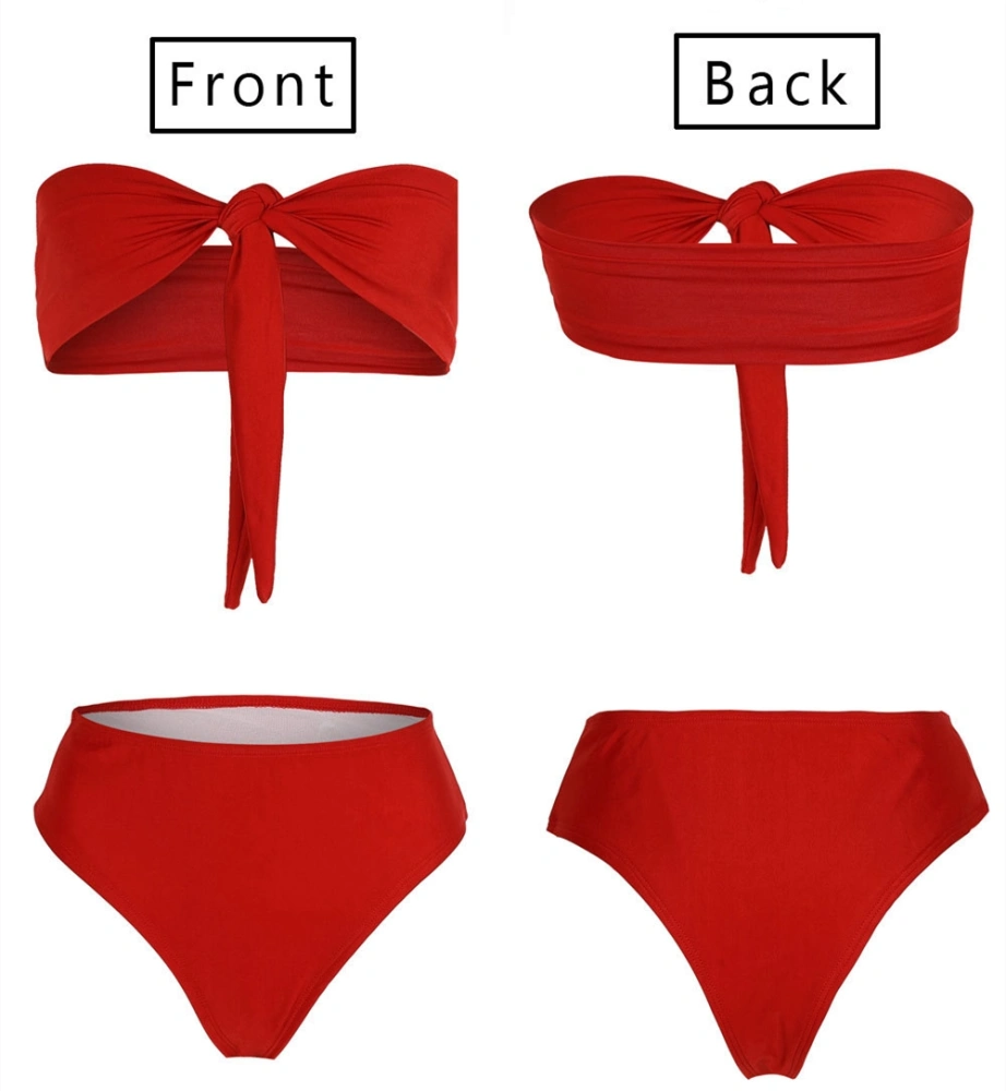 Women Strapless Split Bikini Sets Solid Color Padded Push-up Bra and Thong