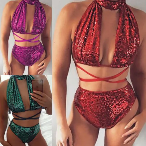 Women 2PCS Bikini Suit Sequin Halter Strappy Bra, High Waist Panty