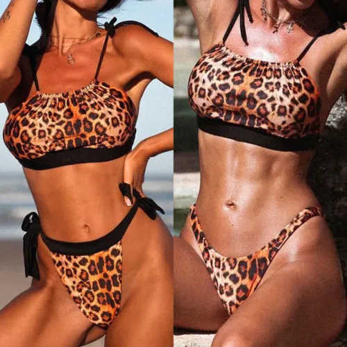 Women 2PCS Bikini Set Padded Leopard Sling Back Tie Bra High/Low Waist Panty Set