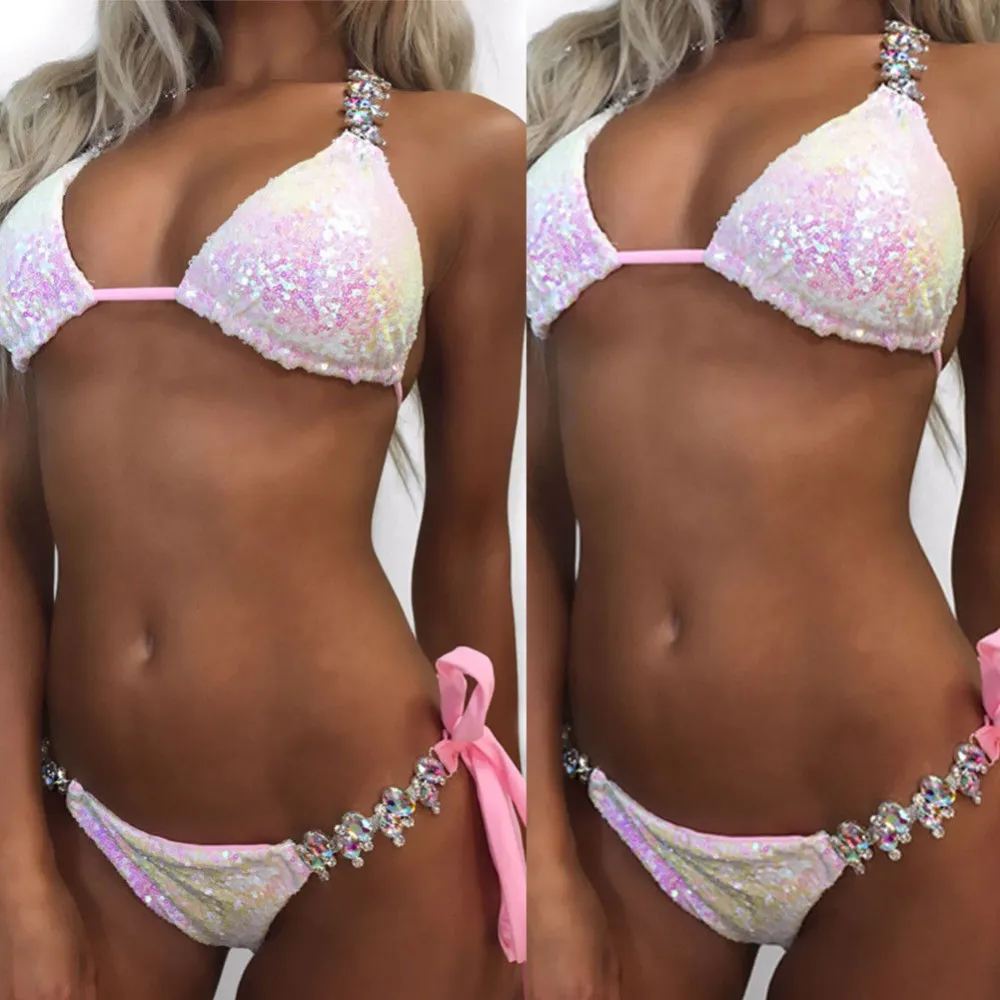 Women Swimwear Sequins Bikini Sets, Bandage Rhinestone Bling Swimsuit