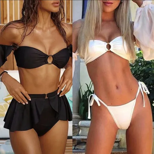 Ladies Swimsuit Slim Pure Color Lantern Sleeve Sexy Bra Soft Thong Bikini Set