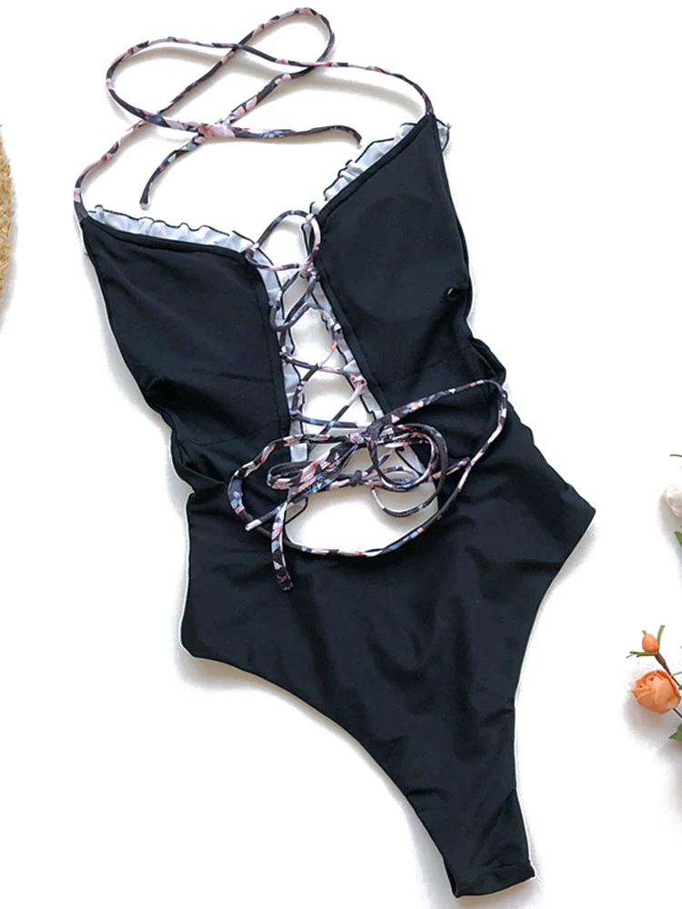 Women Summer Swimwear, Lace Up Bandage Ruffled Jumpsuit Swimsuit