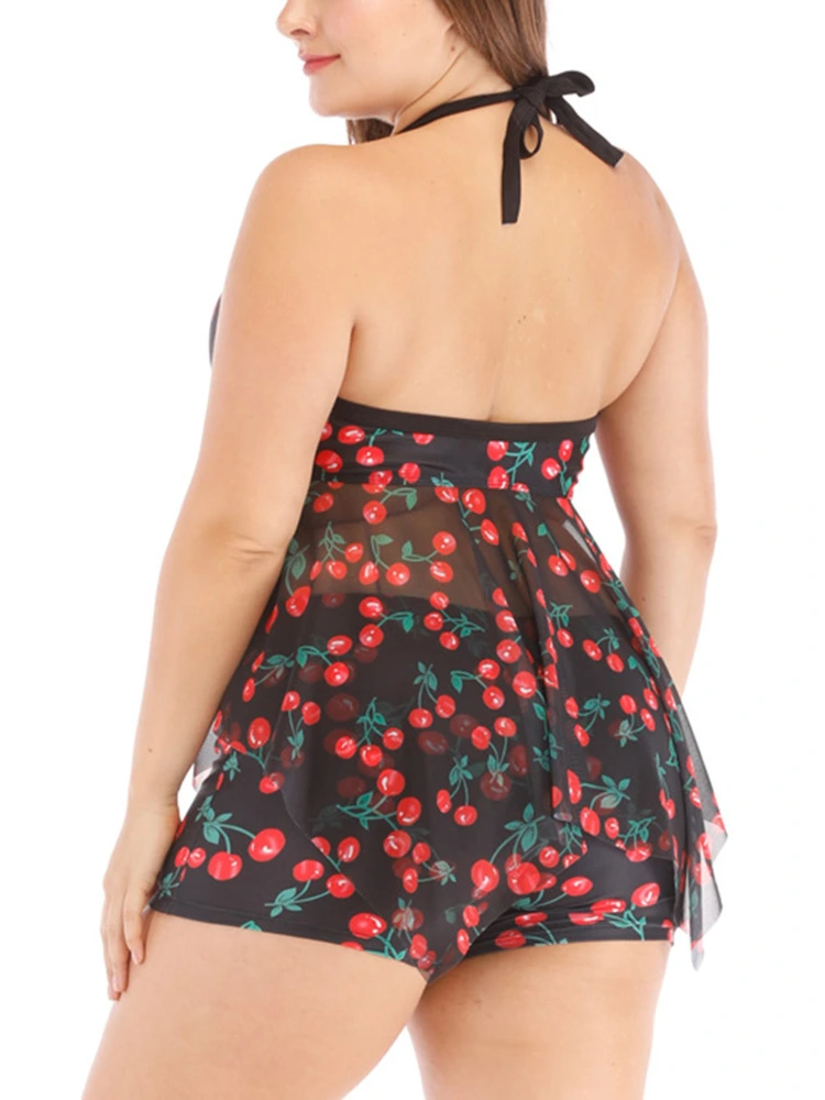 Women Summer Swimsuit, Cherry Printed Irregular Tops+High Waist Shorts