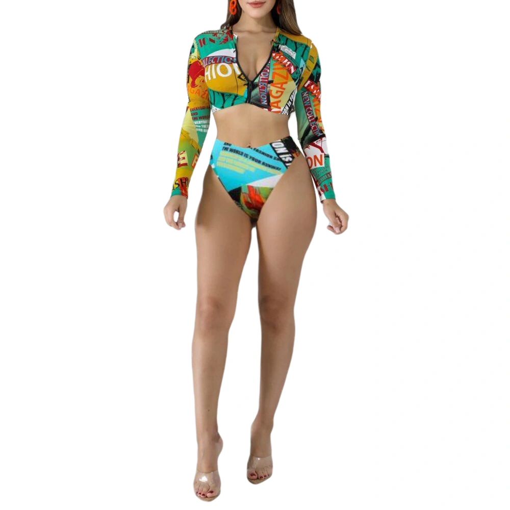 Women’s Sexy Printing Zipper Open Top and High Waist Thong Suit