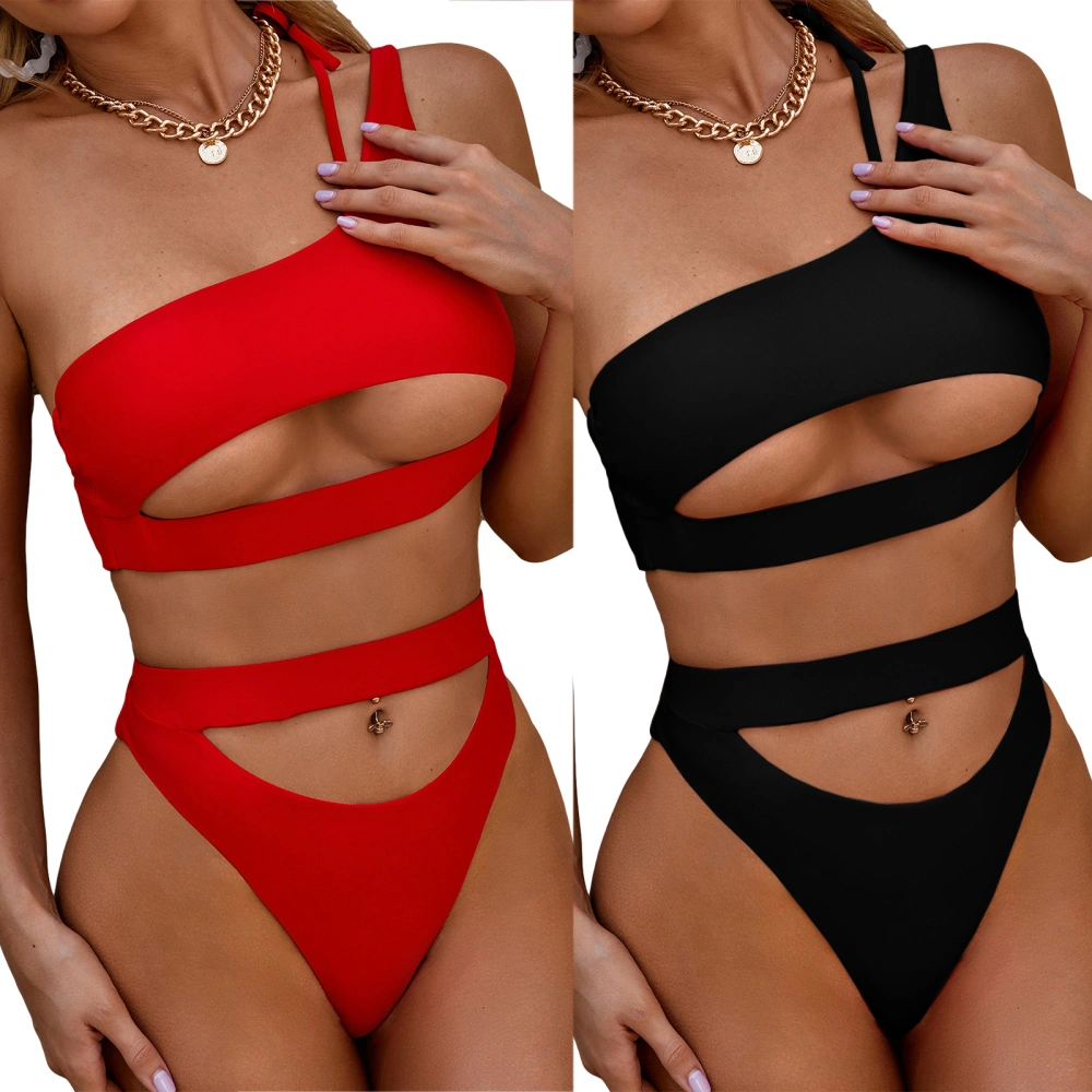 Tight Two Piece Women Bikini Set, Single Should Bandage Bra Navel Cut Out Briefs