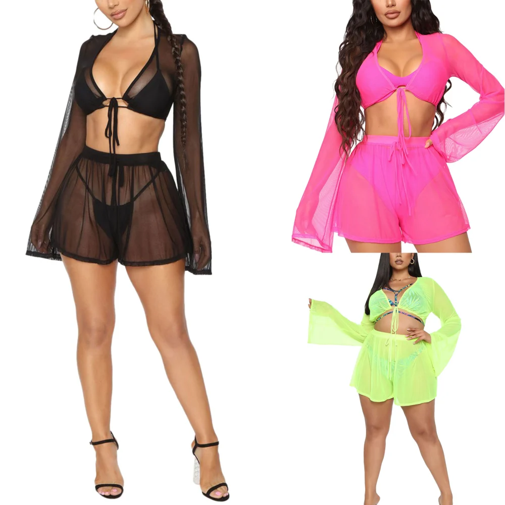 2 Pcs Woman's Swimwear Set, Sexy Tulle Midriff-baring Smock, Perspective Shorts