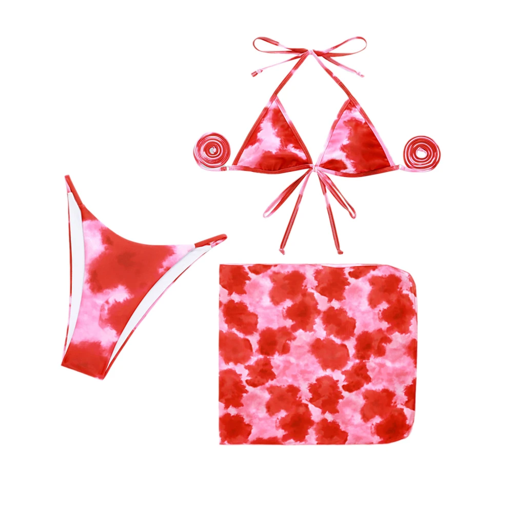 Women's 3Pcs Tie-dyed Bikini Set, Lace-up Halter Tops with Thongs and Scarf