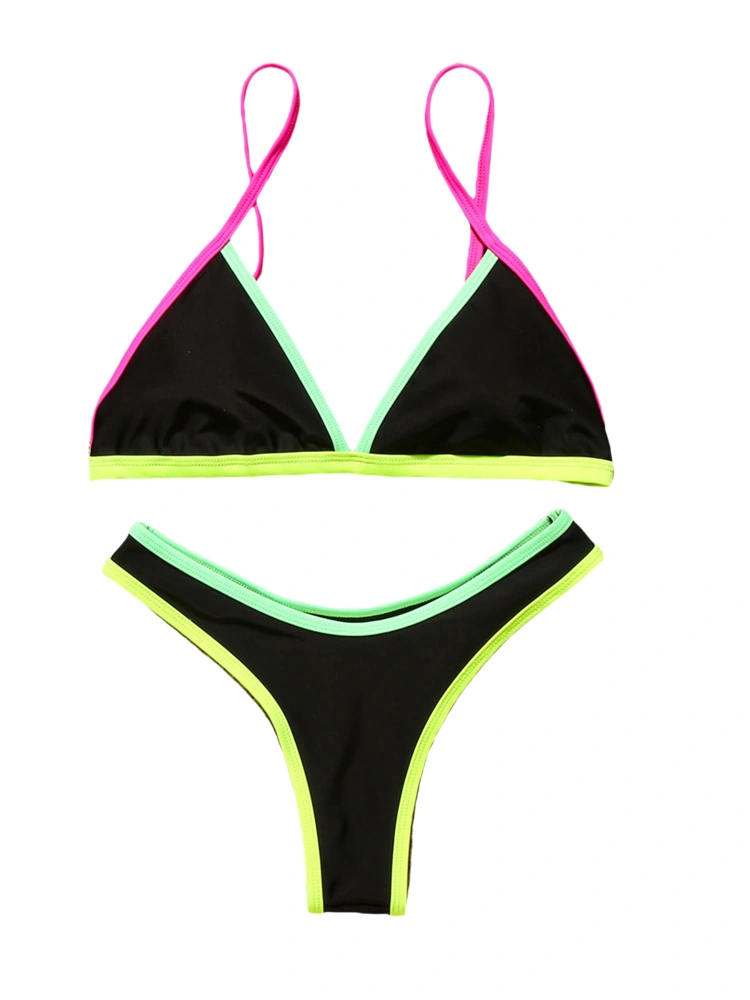 Women Fashion 2-piece Bikini Set Sleeveless Color Block Top and Bottoms Set