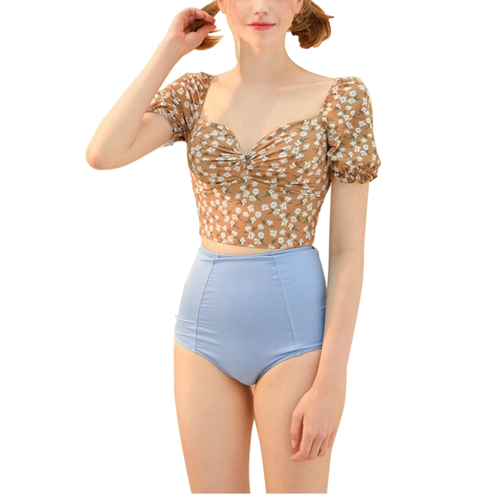 Women's 2Pcs Swim Suit, Flower Printed Tops with High Waist Bottoms