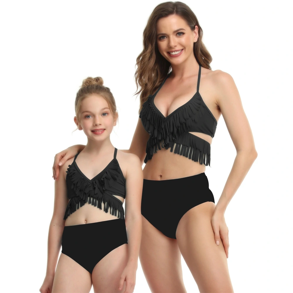 Parent-Child Solid Color Swim Suit, Tassels Hem Halter Tops with Triangle Bottom