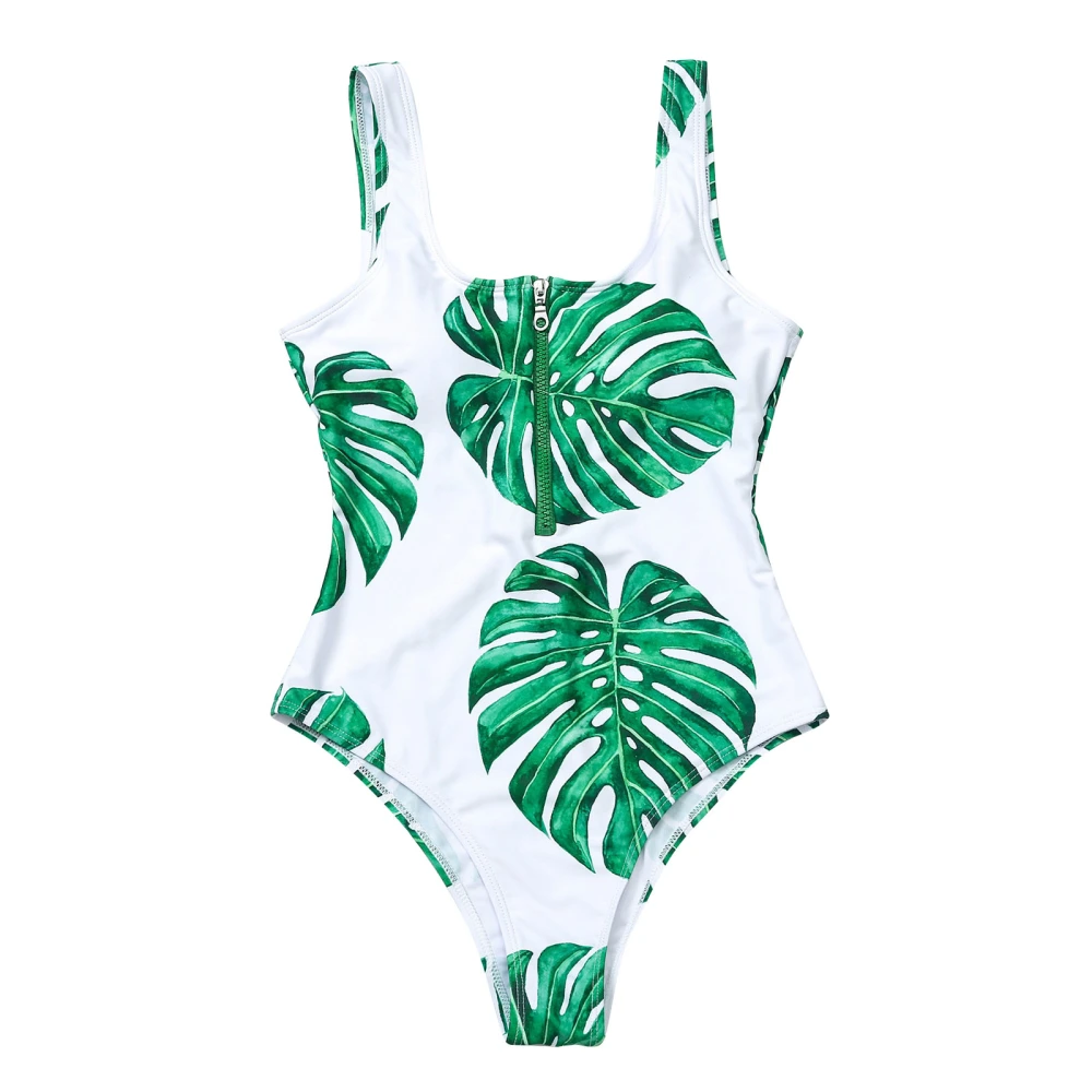 Women Leaf Print U-shaped Neck Half-zip One-piece Swimsuit with Chest Pad