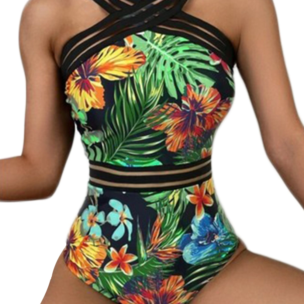 Women's Sexy Leaves Flower Printing Swimsuit, Sleeveless High Waist Playsuit