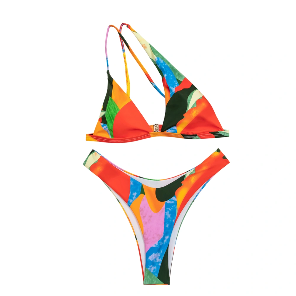 Women’s Printed Bikini Suit, Oblique Shoulder Strap Tops with Triangle Bottoms