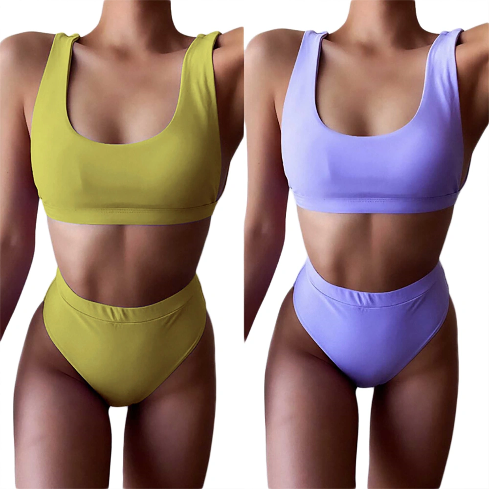 Women’s Solid Color Bikini Suit, Low Neck Tank Tops with Triangle Bottoms