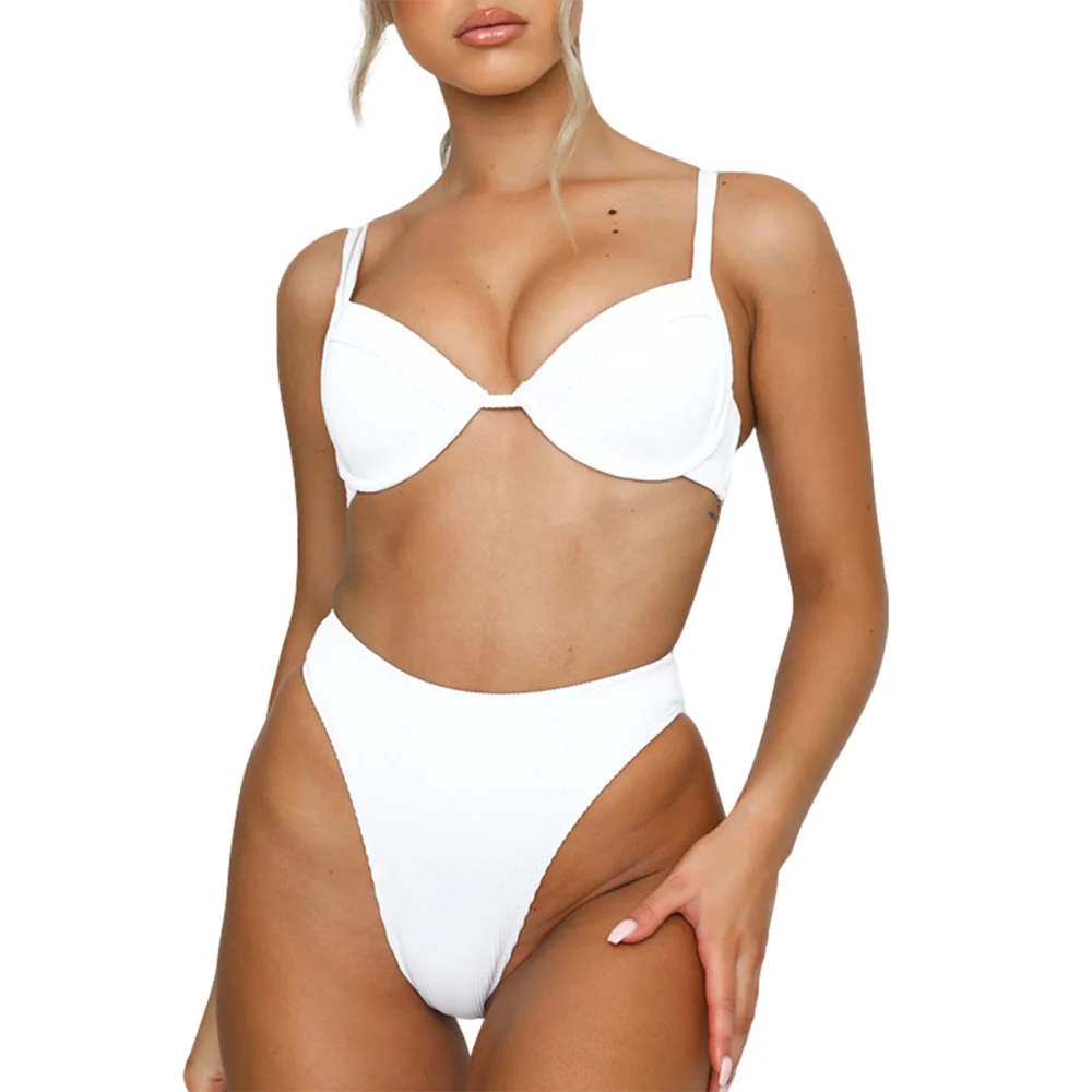 Women 2-piece Swimming Suit Solid Color Tops+Bottoms Bikini Set