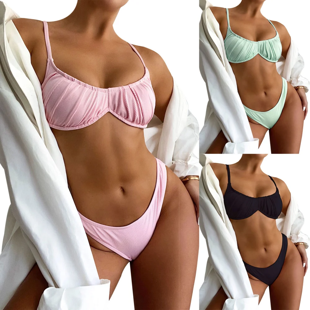 Women's Sexy Solid Color Bikini, Bare Midriff Two-pieces Set